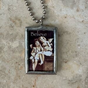 Silver Pendant Necklace with Angel Design and Miracle Message - Reversible